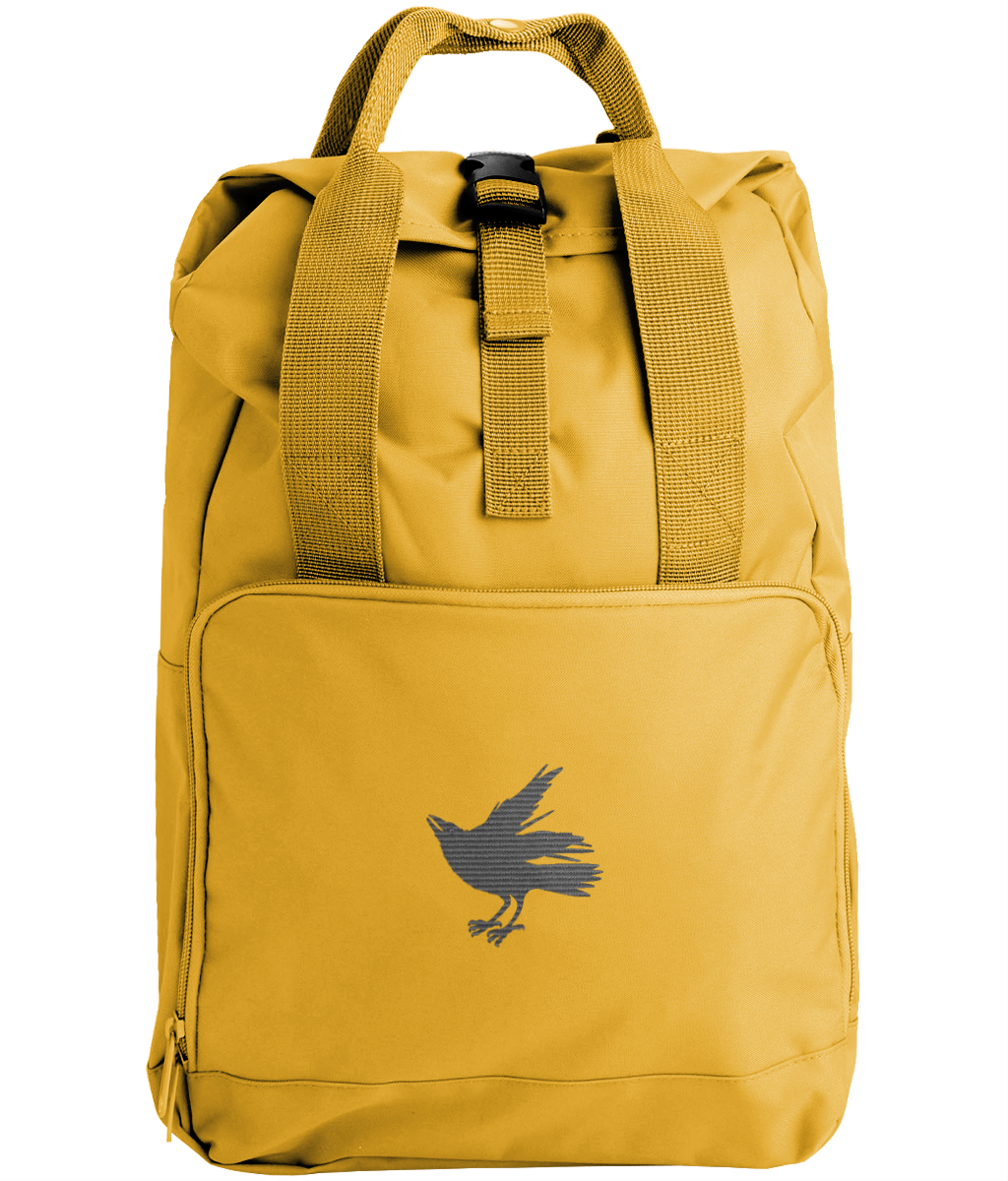 Embroidered Twin Handle Roll-Top Backpack / Signature Crow